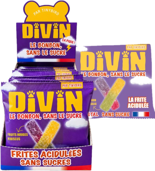 Présentoir DIVIN Frites acidulées sans sucres, 30 sachets de 50 g