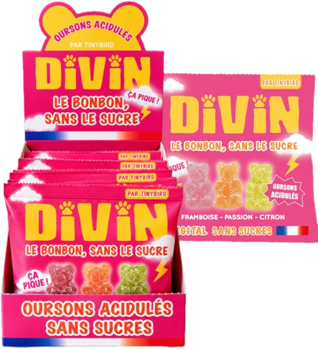 Présentoir DIVIN Oursons acidulés sans sucres, 30 sachets de 50 g