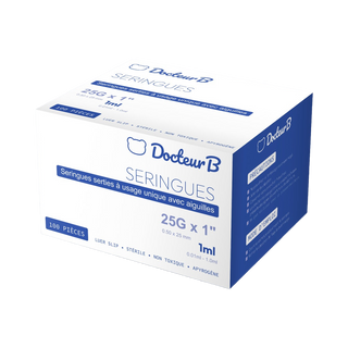 Seringue 1 ml stérile à aiguille montée 25G x 25 mm x100 – usage unique (vaccin Covid)
