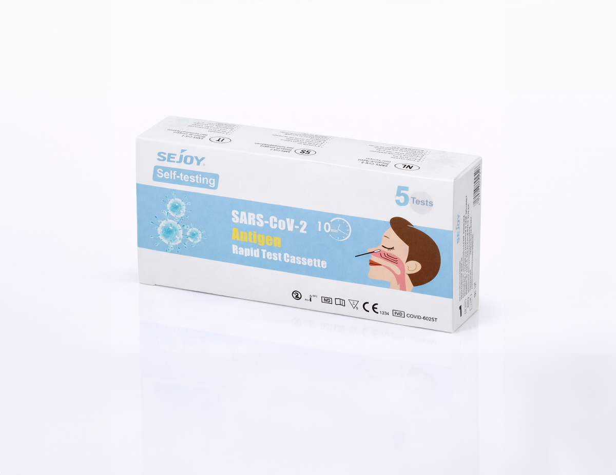 Boîte Sejoy de 5 tests rapides antigéniques SARS-CoV-2 en cassette, prélèvement nasal