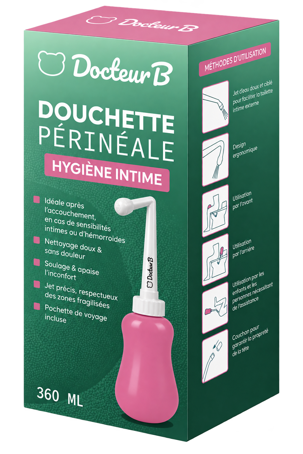 Douchette périnéale 360 ml Docteur B - sous étui avec pochette voyage
