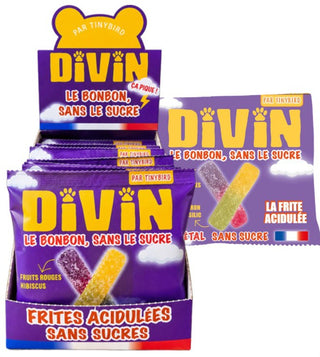 Bonbons DIVIN Frites acidulées sans sucres, sachet 50 g – présentoir de 30