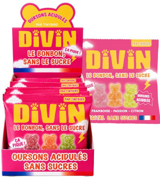 Bonbons DIVIN Oursons acidulés sans sucres, sachet 50 g – présentoir de 30