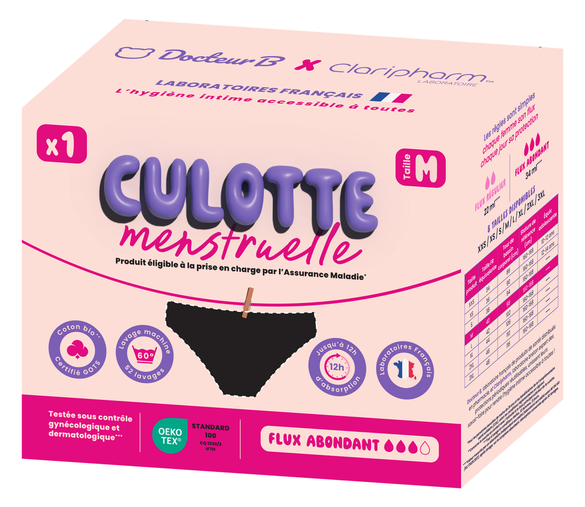 Pack 3 culottes menstruelles : 96 culottes (3 cartons) - Docteur B × Claripharm