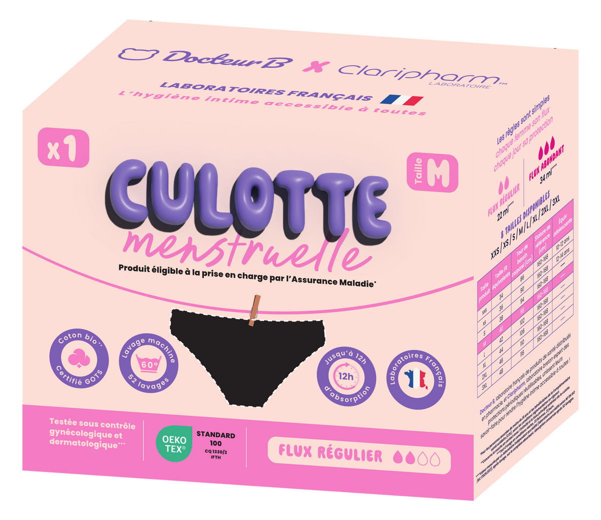 Pack 3 culottes menstruelles : 96 culottes (3 cartons) - Docteur B × Claripharm