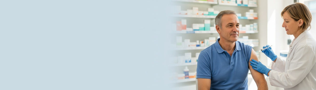 Le vaccin arrive<br>sans aiguille ni seringue.<br>Nous, on a anticipé. — Docteur B, produits de santé pour l’officine