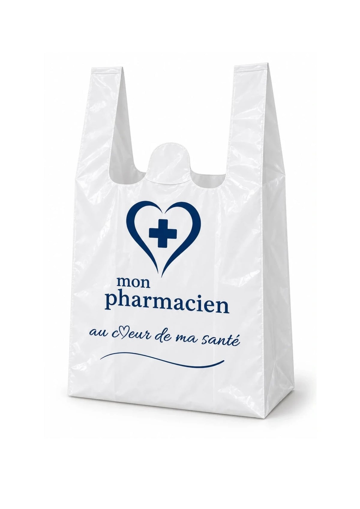 Sac bretelle blanc taille M, cœur et croix imprimés en bleu nuit avec « mon pharmacien au cœur de ma santé »
