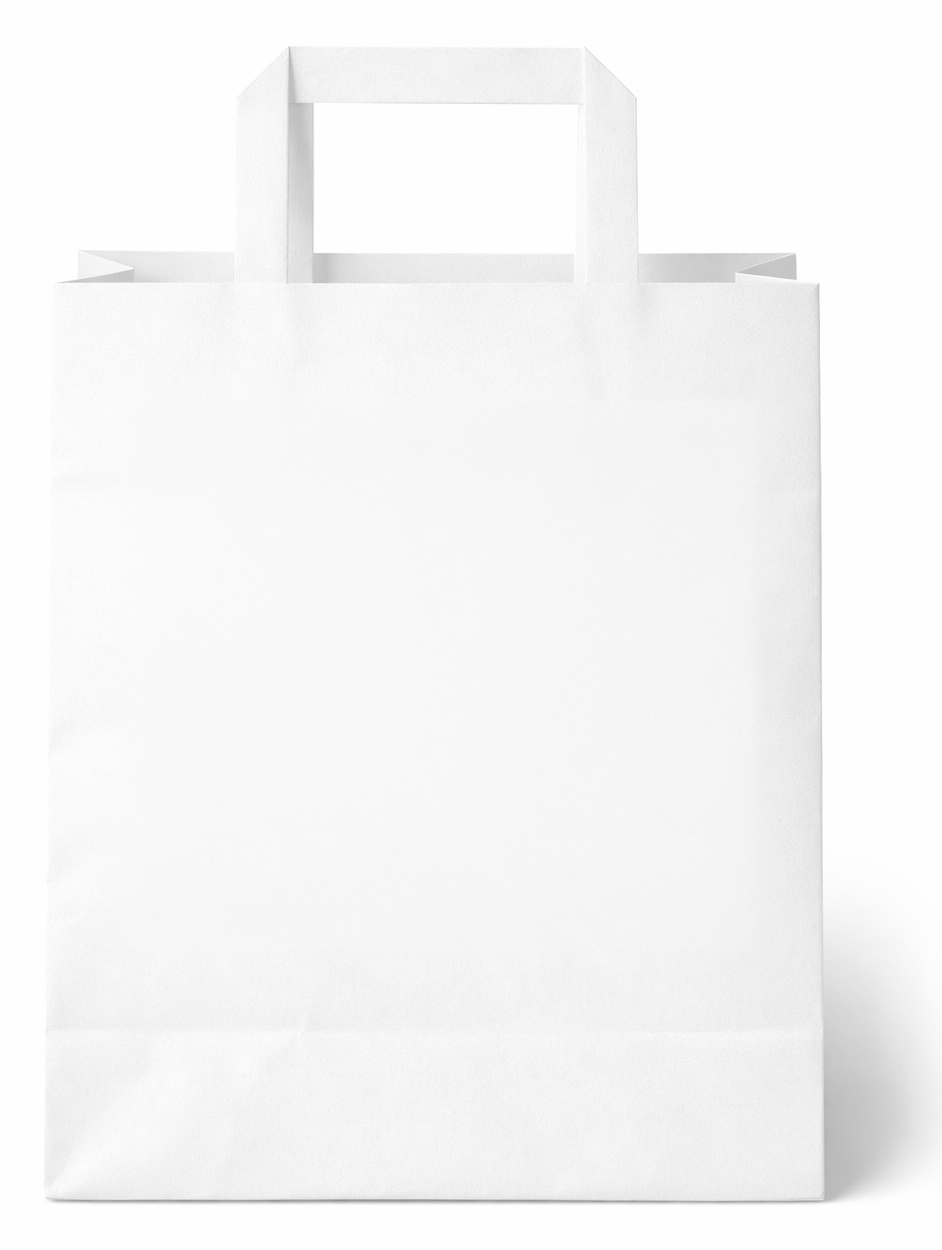Sac papier kraft blanc uni à anses plates, taille S, sans impression, pour les petits achats en pharmacie