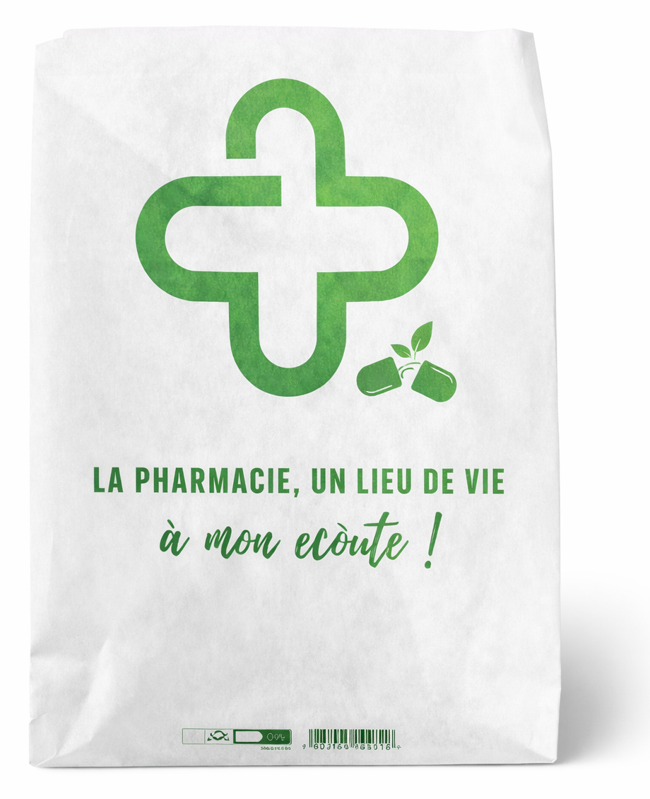 Sachet kraft blanc sans anses imprimé d'une croix verte et de « La pharmacie, un lieu de vie, à mon écoute ! »