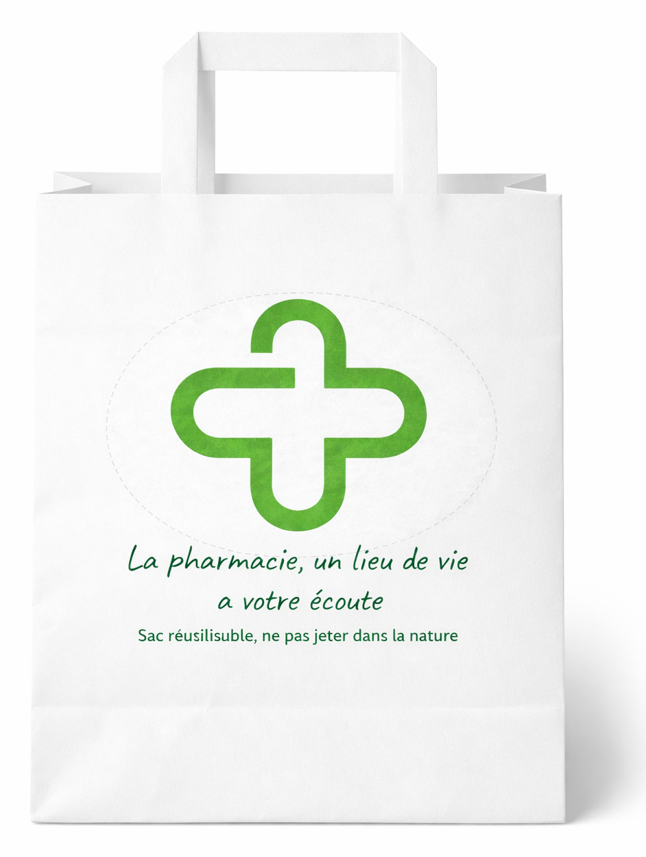 Sac papier kraft blanc à anses plates imprimé d'une croix verte et de « La pharmacie, un lieu de vie », taille L