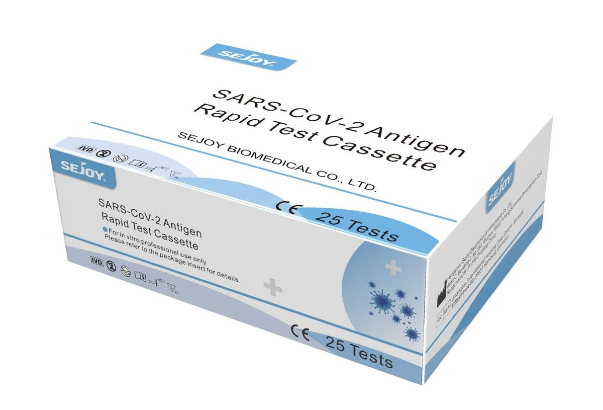 Boîte Sejoy de 25 tests rapides antigéniques SARS-CoV-2 en cassette, usage professionnel