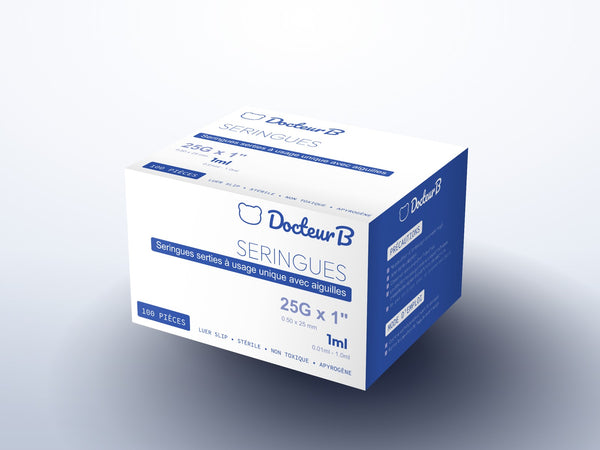 Seringue 1 ml stérile à aiguille sertie 25G x100 – usage unique (vaccin Covid)