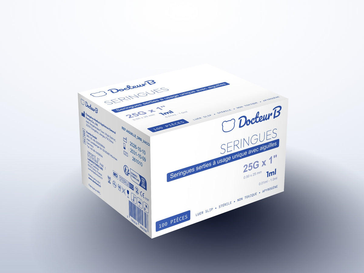 Boîte seringues Docteur B – côté mentions réglementaires