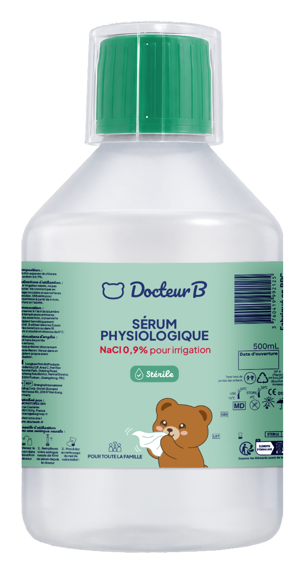 Flacon de sérum physiologique stérile NaCl 0,9 % Docteur B 500 ml, étiquette verte