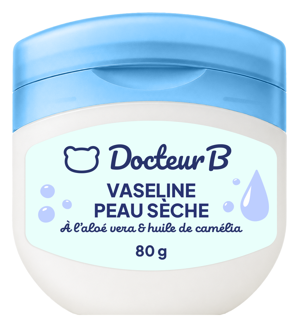 Pot de vaseline Docteur B 80 g peau sèche à l'aloé vera et huile de camélia, couvercle bleu ciel